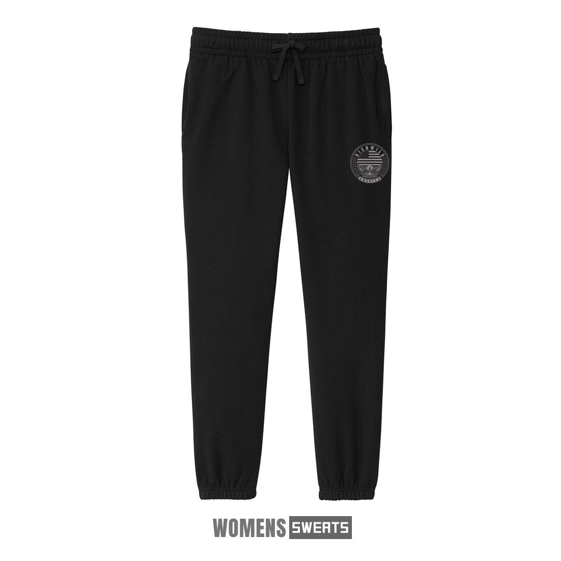 Black RIZNWILD women’s sweatpants Libertydesign 1776 crest on left thigh