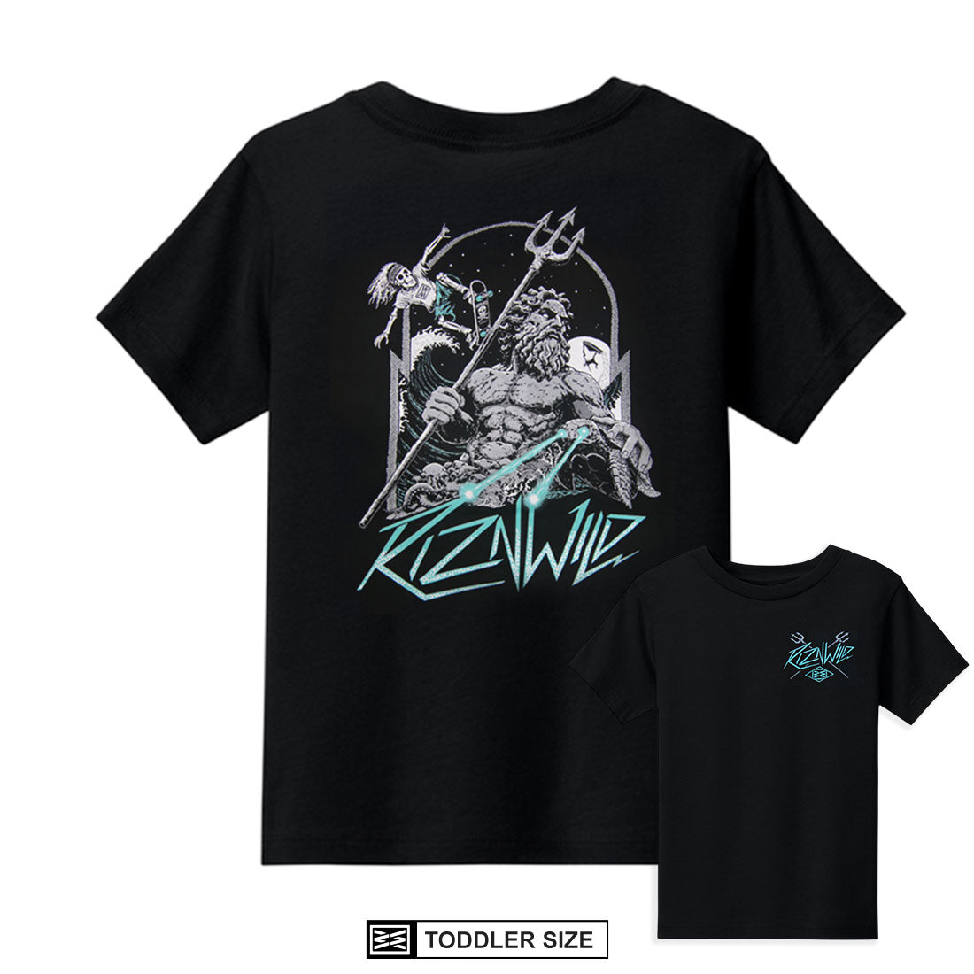 RIZNWILD Neptune black toddler T-shirt with sea king and trident back graphic