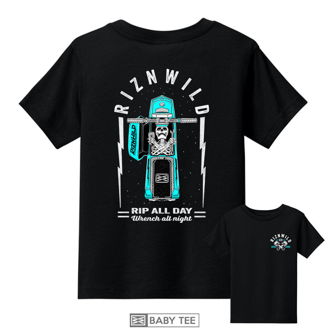 RIZNWILD RIP black baby T-shirt with skeleton Jet Ski back graphic