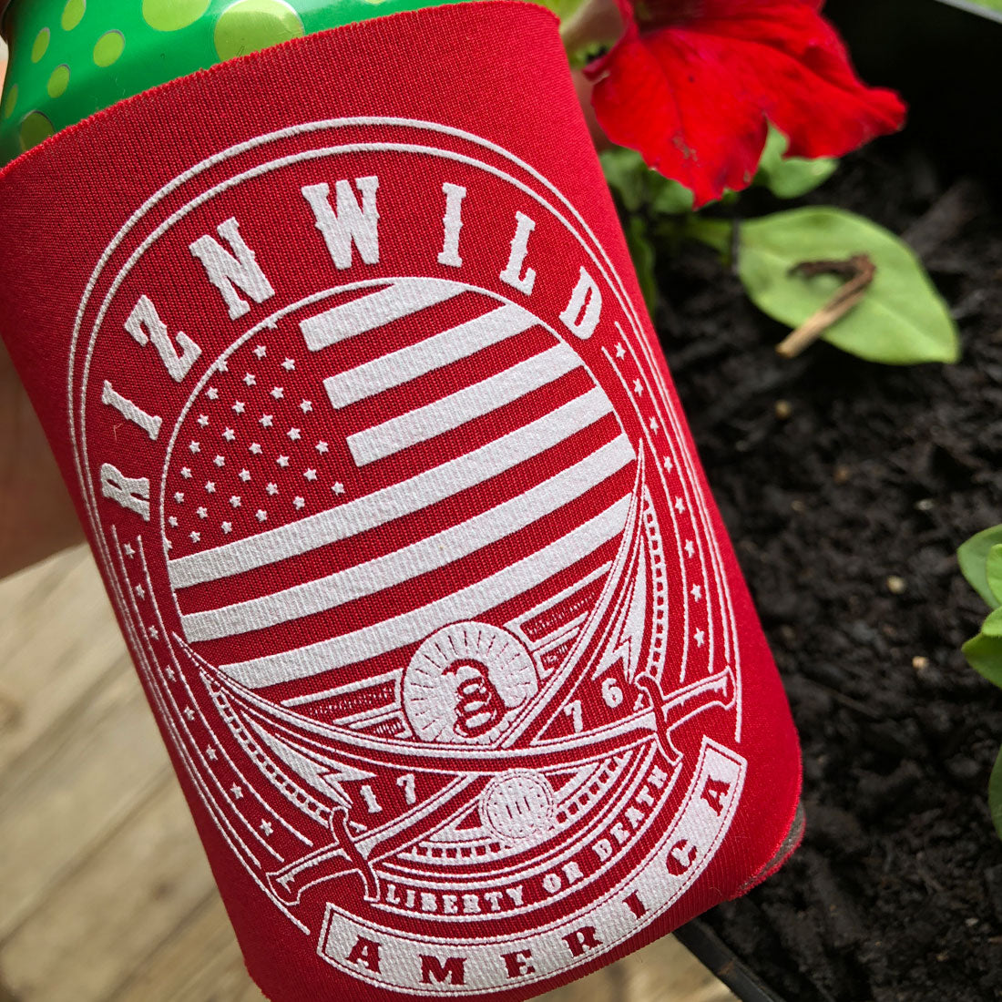 patriotic koozie, American flag can cooler, 1776 koozie, red drink sleeve, liberty koozie, RIZNWILD USA merch, 4th of July koozie, America can holder, freedom drink sleeve