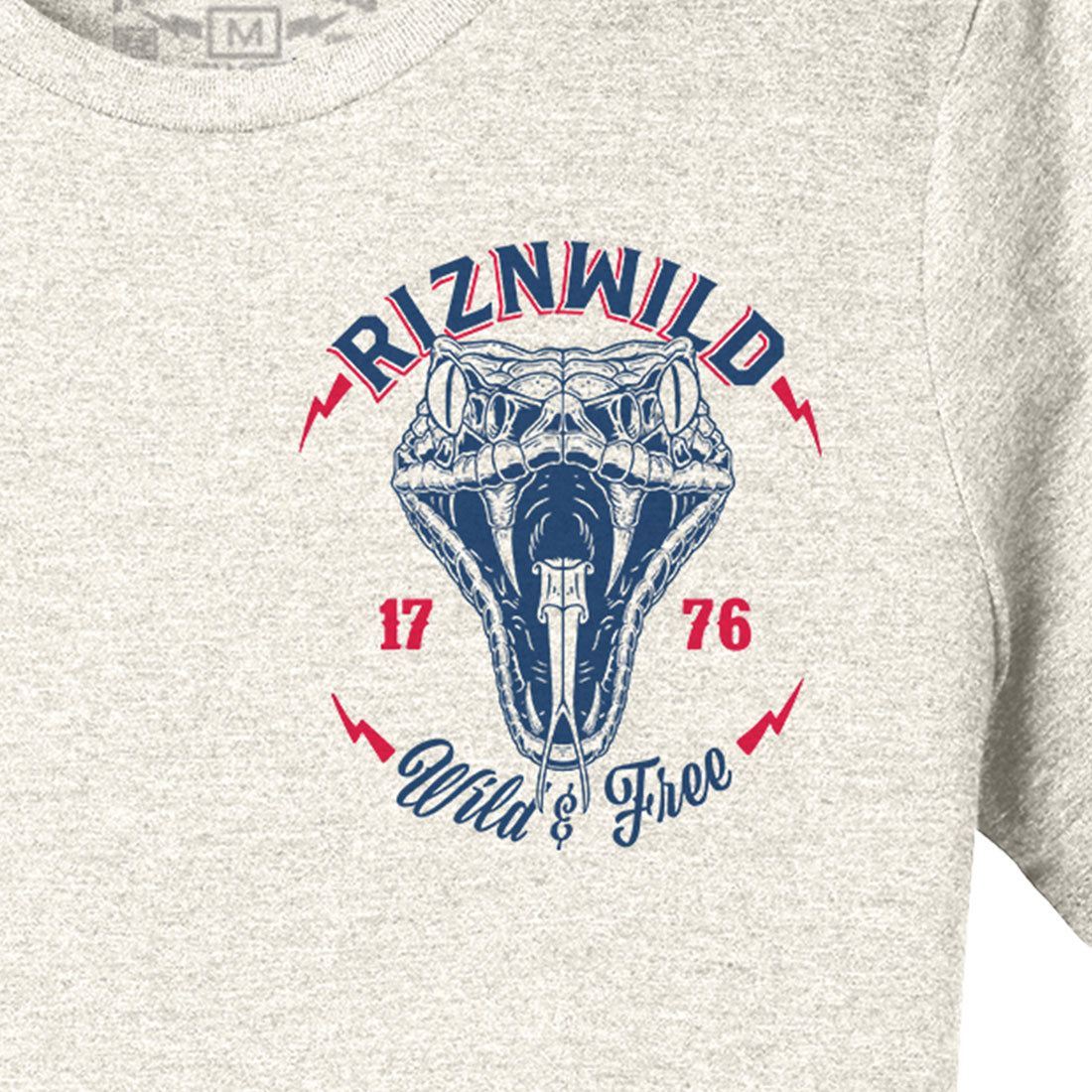 women’s patriotic t-shirt, RIZNWILD graphic tee, heather natural tee, snake design shirt, USA 1776 shirt, American flag sleeve tee, freedom lifestyle shirt, vintage summer tee, red white and blue shirt, country girl graphic tee