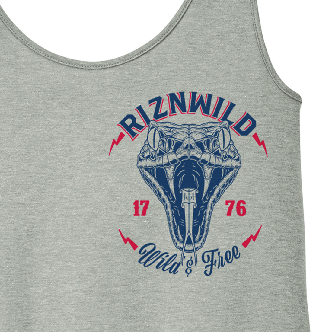 women’s patriotic tank top, snake graphic tank, RIZNWILD USA tank, 1776 women’s shirt, heather grey racerback, relaxed fit tank top, festival tank, edgy summer top, American rattlesnake tank, wild & free tank top