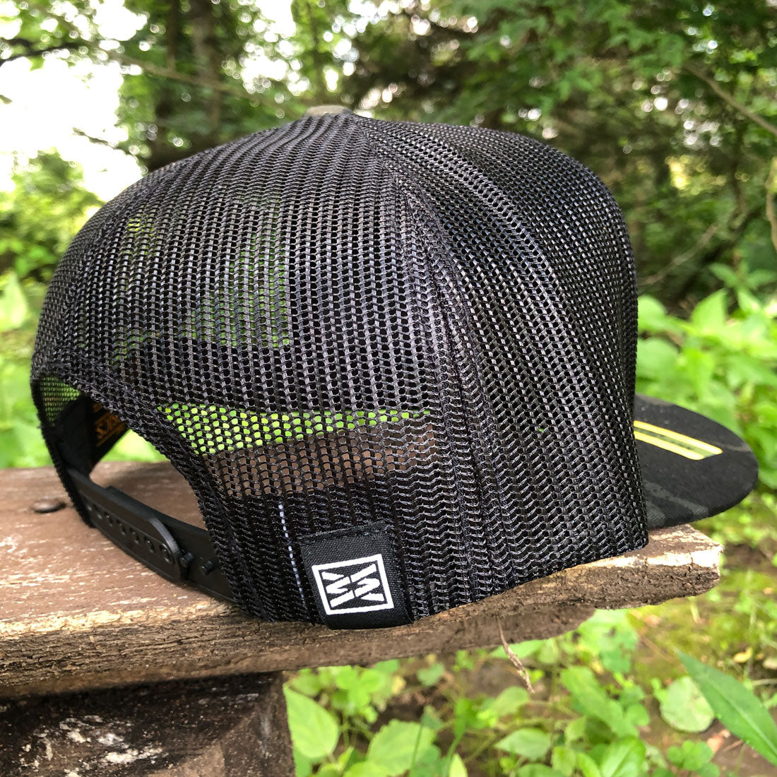multicam trucker hat, black camo flat bill hat, RIZNWILD snapback, mesh back cap, outdoor camo hat, adventure trucker hat, men’s camo hat, bold patch hat