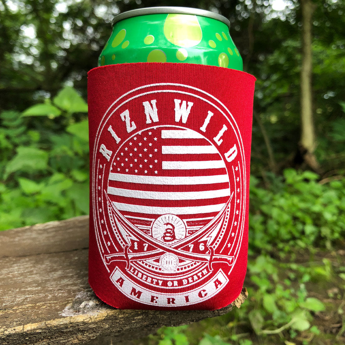 patriotic koozie, American flag can cooler, 1776 koozie, red drink sleeve, liberty koozie, RIZNWILD USA merch, 4th of July koozie, America can holder, freedom drink sleeve