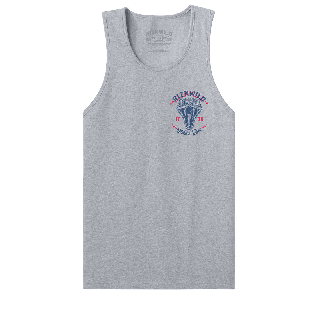 This athletic heather men’s tank features a detailed front-facing rattlesnake graphic, paired with lightning bolt accents, “Wild & Free” script, and a nod to 1776