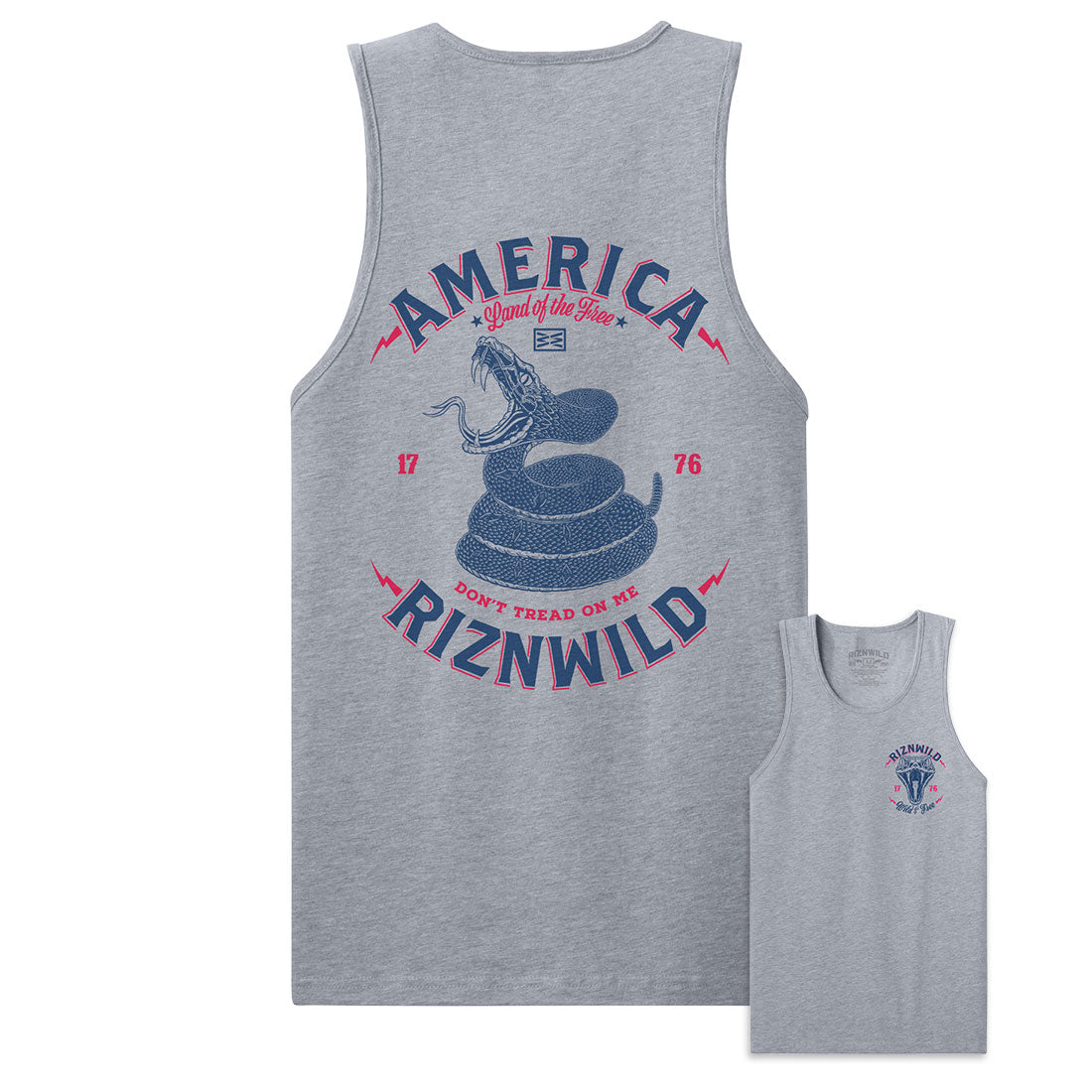 men’s graphic tank top, athletic heather tank, RIZNWILD men’s tank, patriotic muscle shirt, 1776 tank top, snake graphic apparel, Wild and Free tank, summer workout tank, American lifestyle tank