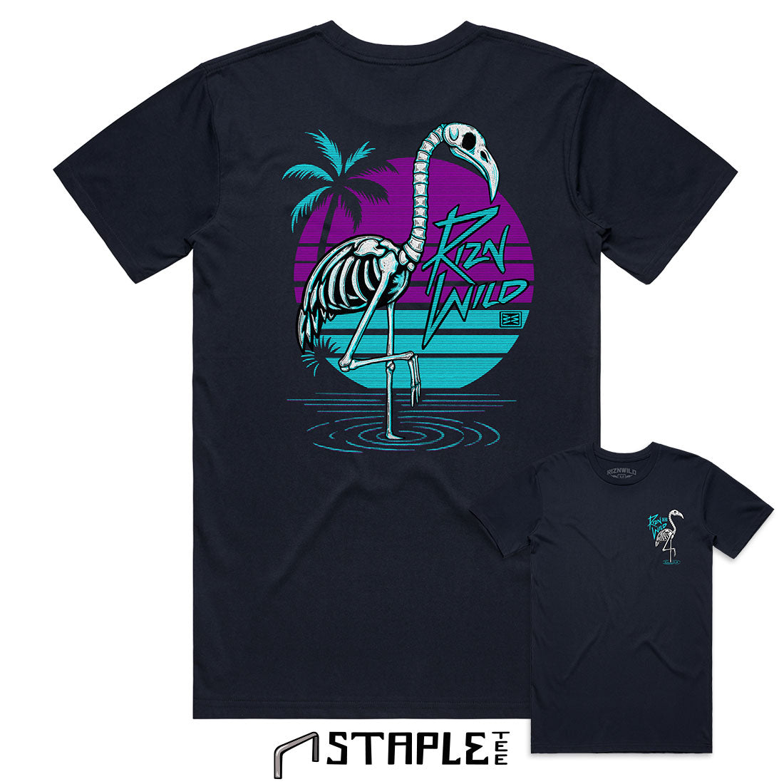 Bring the beach back from the dead with our “Skelingo” tee. Featuring a skeleton flamingo posted up in neon paradise, this design mixes retro Miami vibes with a dark twist.
