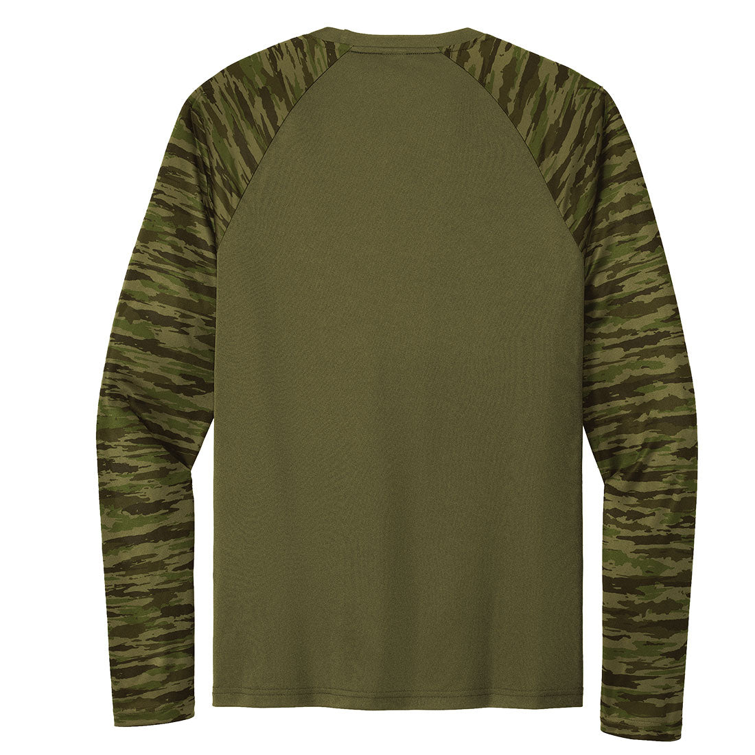 Green long-sleeve shirt with camouflage sleeves on a white background