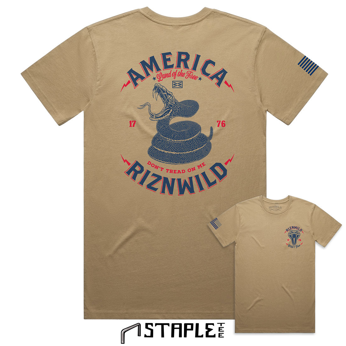 sand graphic tee, don’t tread on me shirt, RIZNWILD USA t-shirt, patriotic snake shirt, freedom tee men, 1776 t-shirt, American flag shirt, sand color streetwear