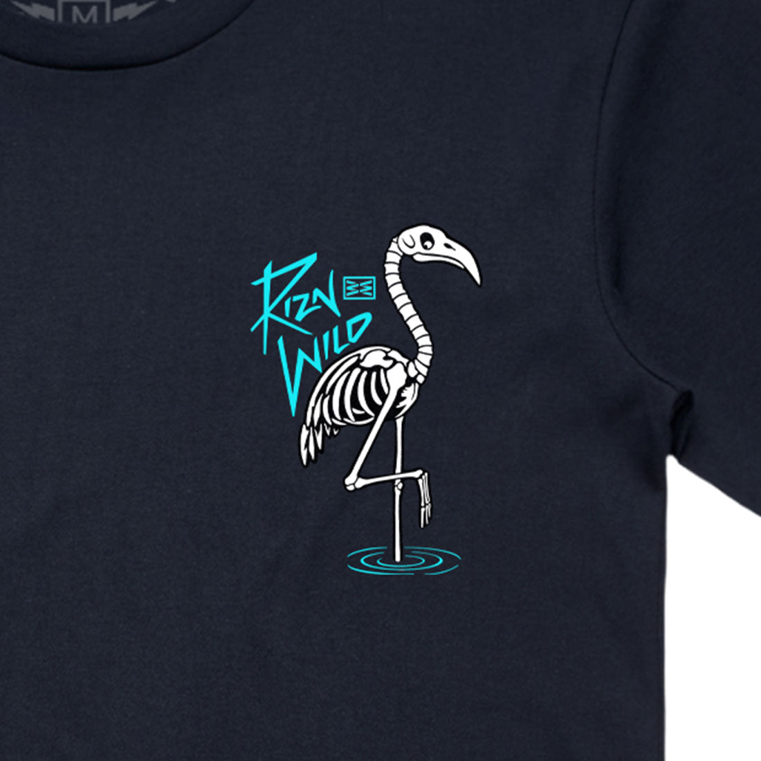 "Skelingo Tee – Where neon nights meet the undead tropics. Rock this Miami Vice-style skeleton flamingo and keep it RIZNWILD 24/7."