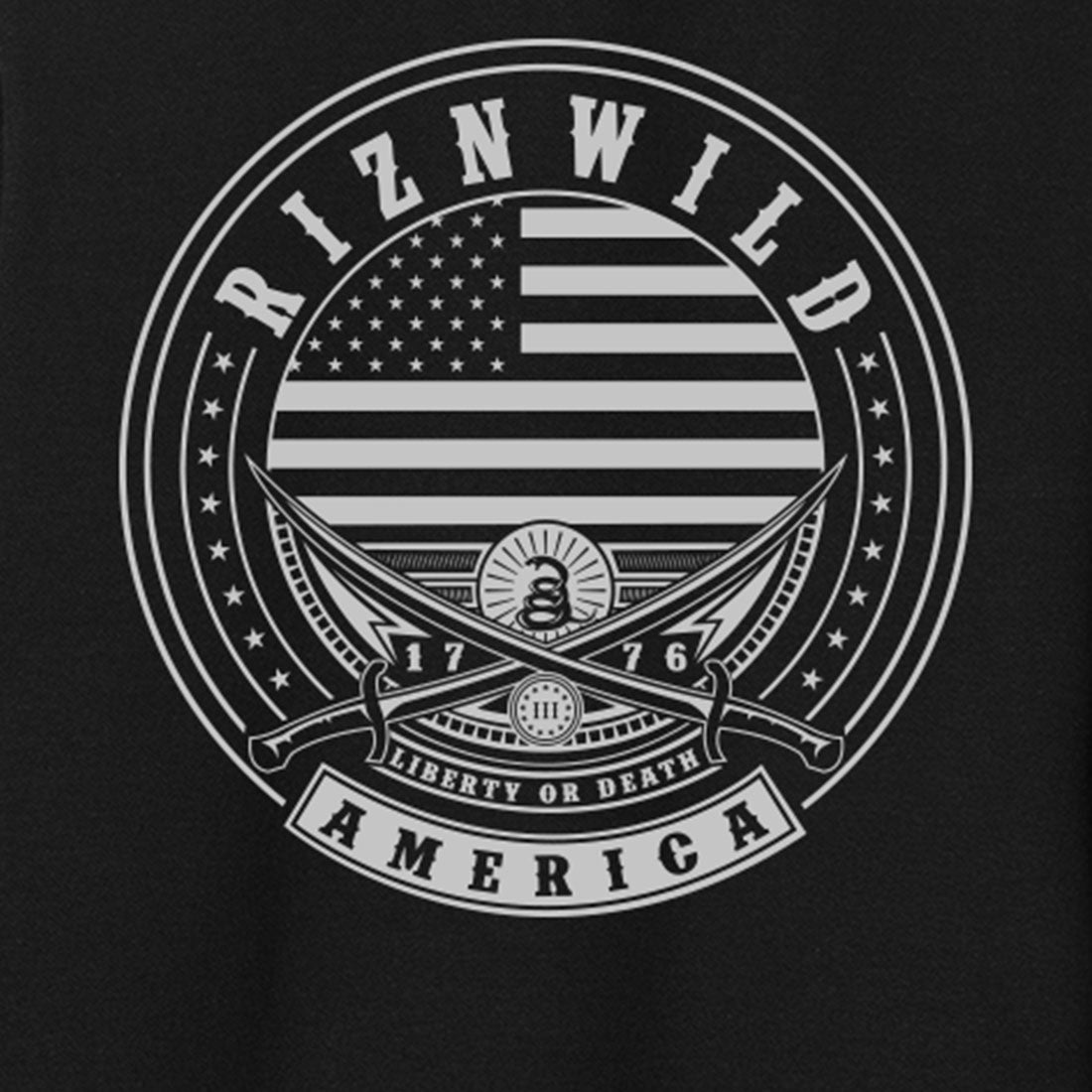 Bad ass RIZNWILD American flag t-shirt logo