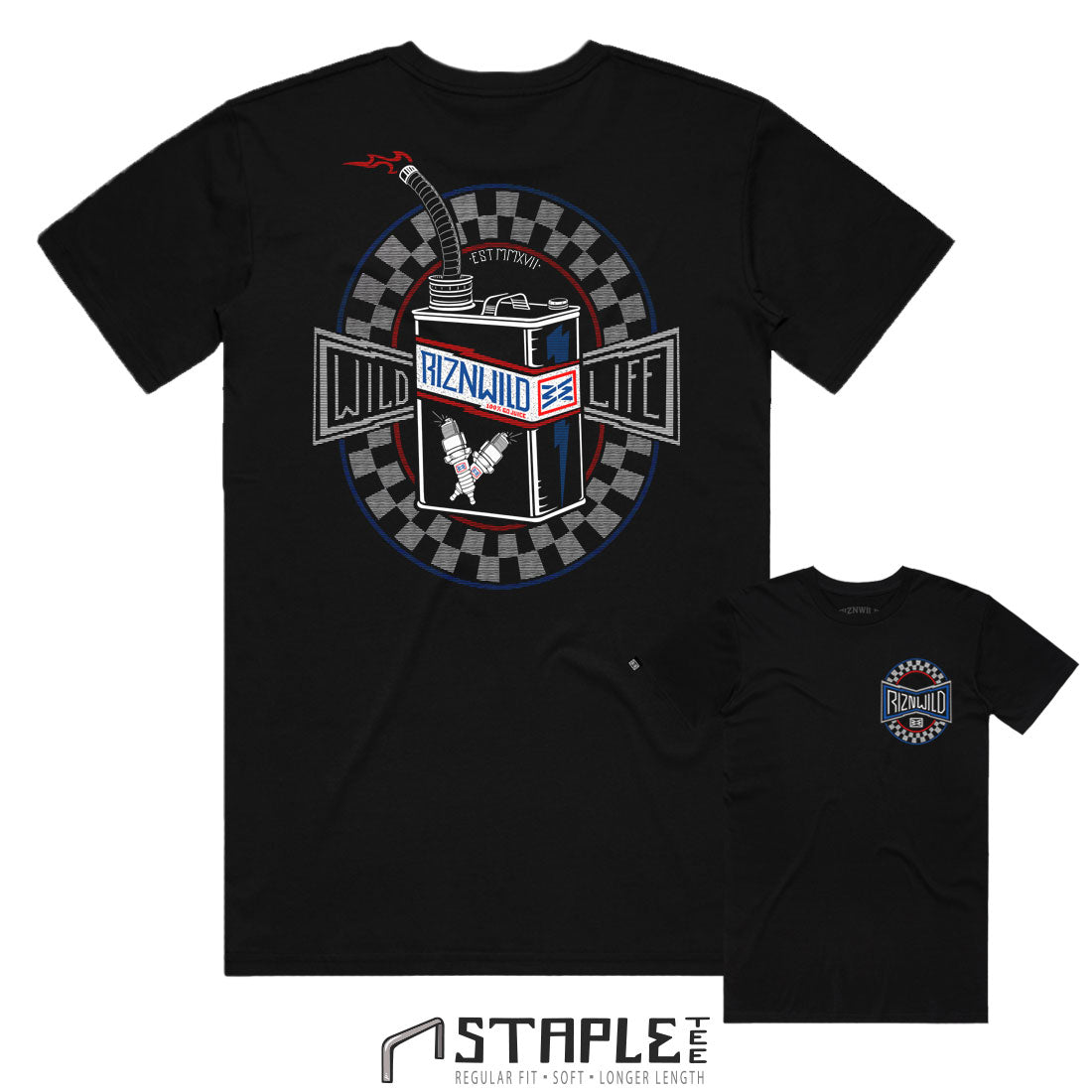 Shop sick RIZNWILD vintage gas can tee designs red, white and blue