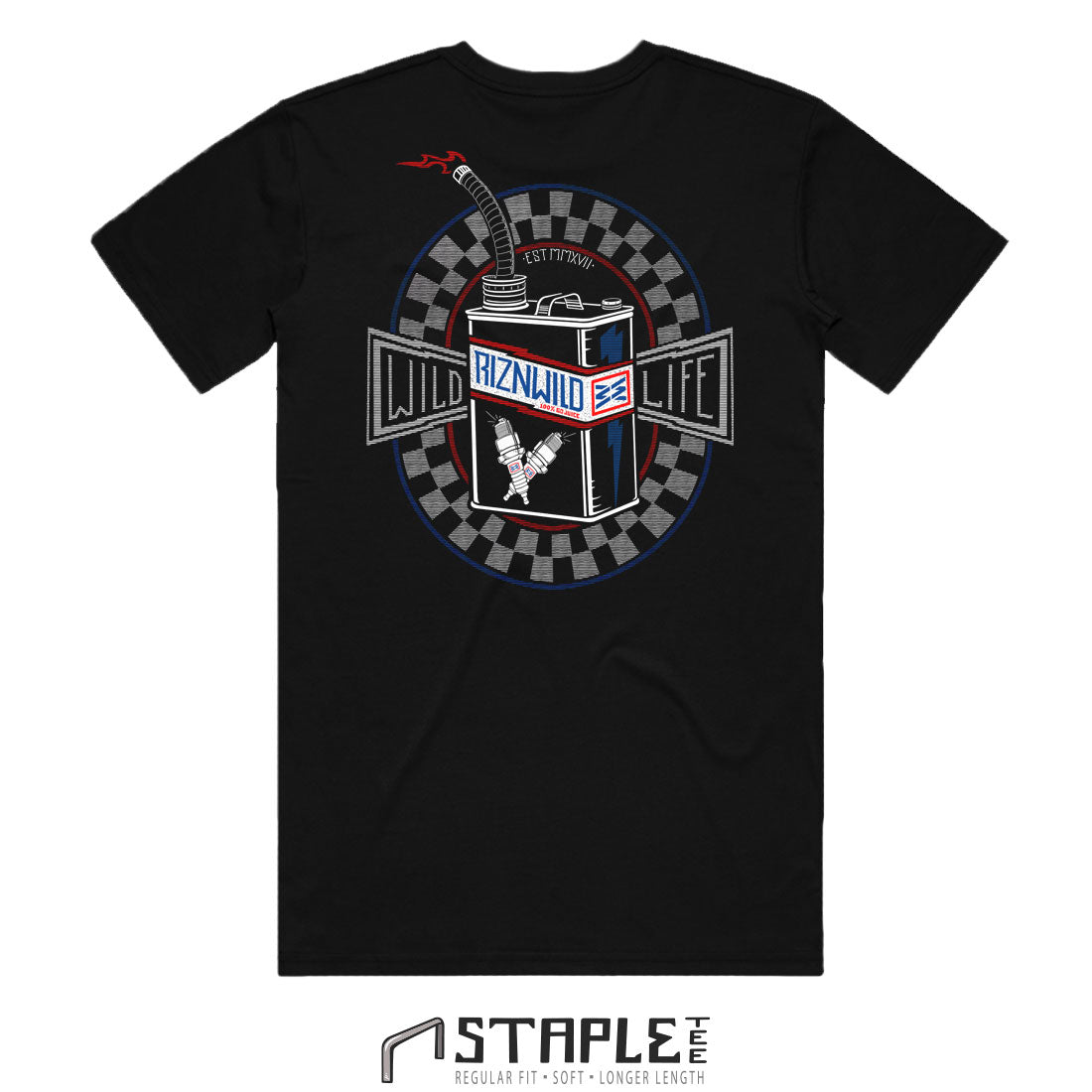RIZNWILD big back print red white and blue checkered gas can screen print