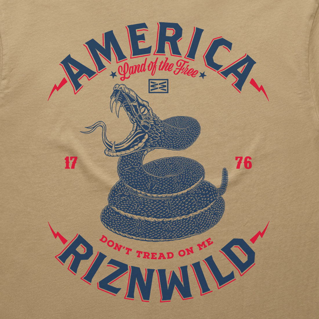 sand graphic tee, don’t tread on me shirt, RIZNWILD USA t-shirt, patriotic snake shirt, freedom tee men, 1776 t-shirt, American flag shirt, sand color streetwear