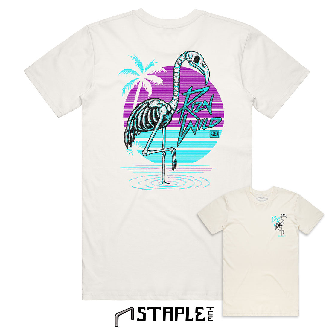 Neon vibes, skeletal drip, and tropical chaos—printed on a soft natural cotton tee. Welcome to the afterlife party.