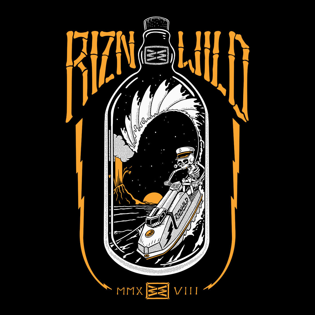 RIZNWILD Throttle Bottle men’s black tee with full back jet ski bottle graphic
