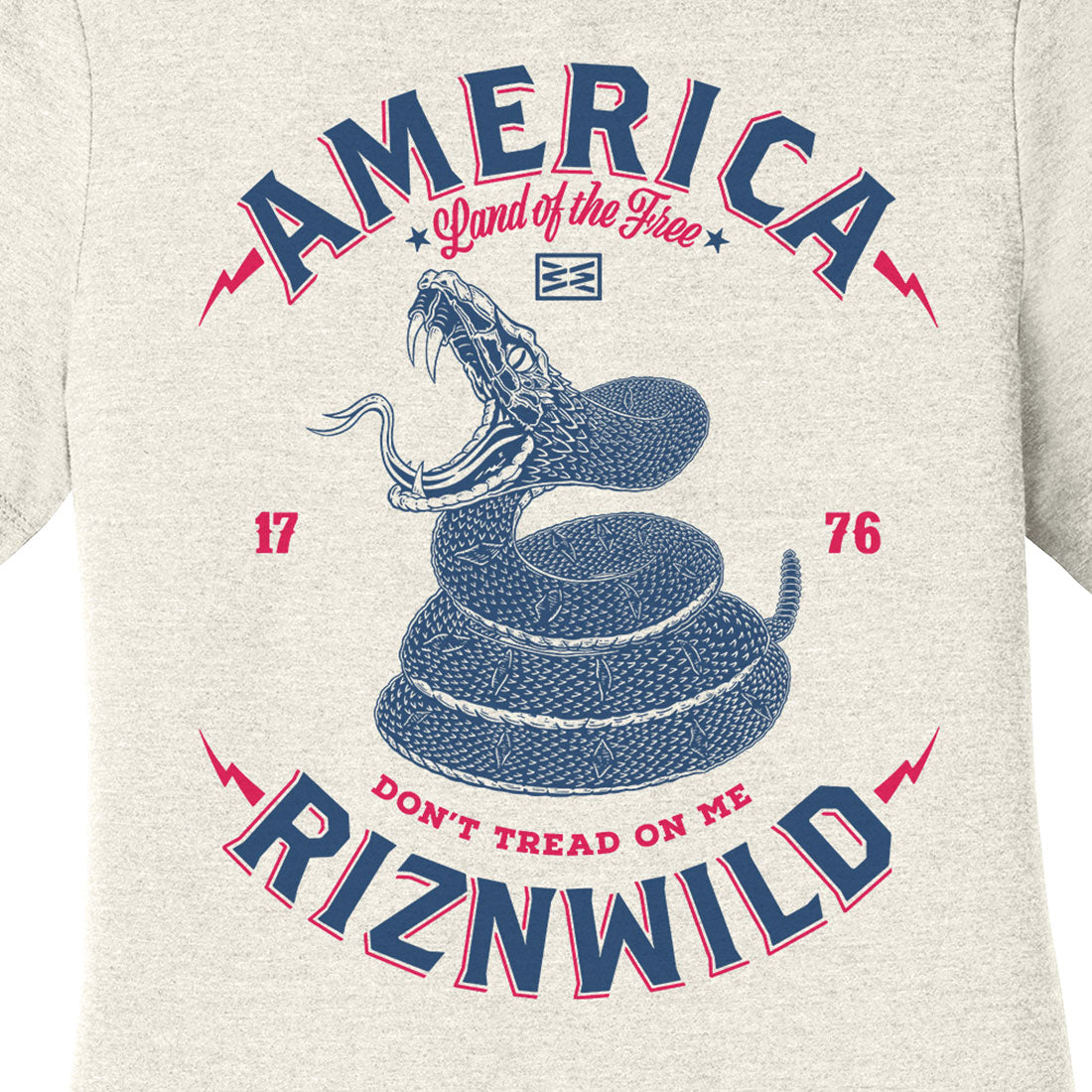 women’s patriotic t-shirt, RIZNWILD graphic tee, heather natural tee, snake design shirt, USA 1776 shirt, American flag sleeve tee, freedom lifestyle shirt, vintage summer tee, red white and blue shirt, country girl graphic tee
