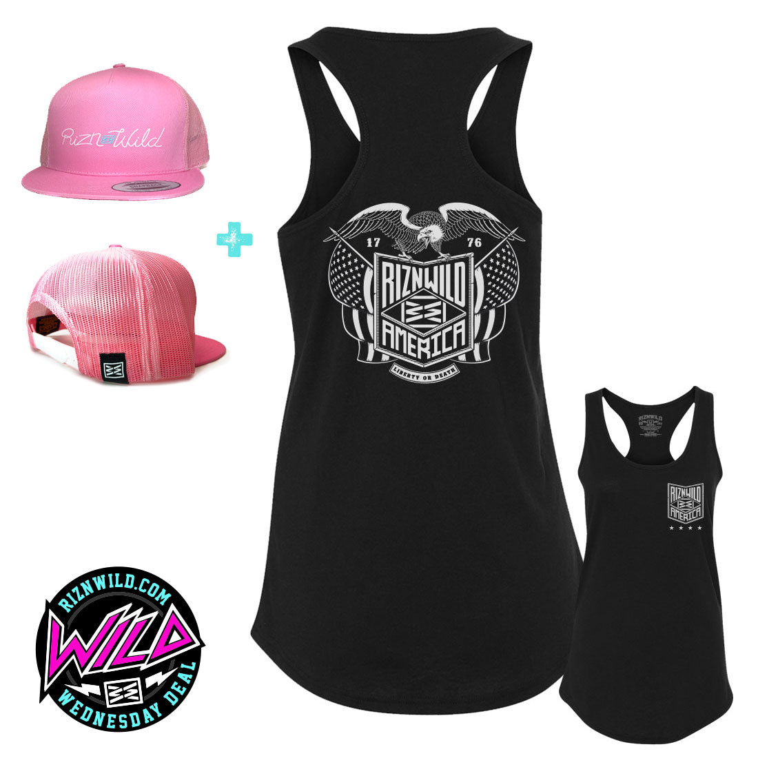 WILD WEDNESDAY DEAL - America Women's Racerback Tank in Black/ Stream Trucker Hat in Pink