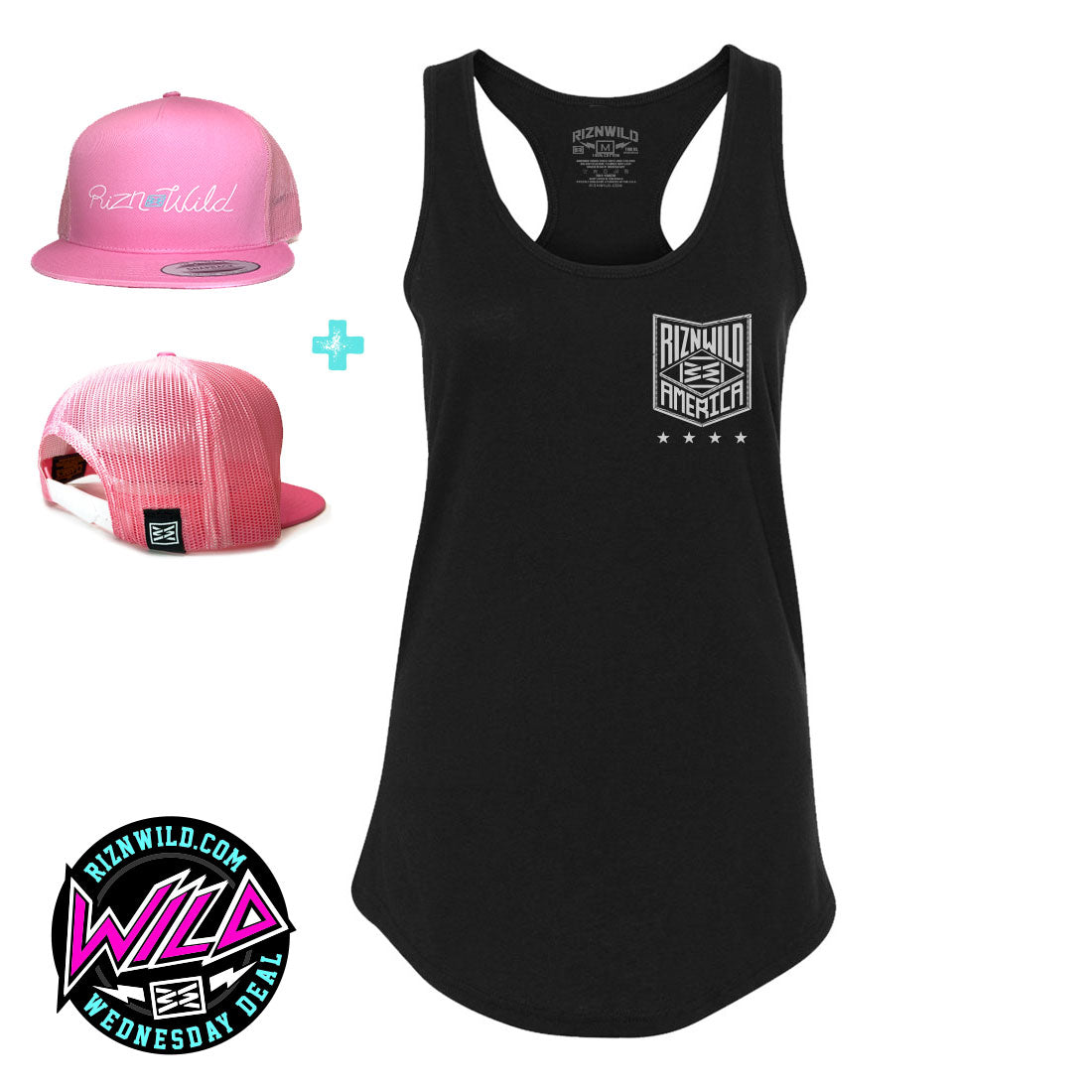 WILD WEDNESDAY DEAL - America Women's Racerback Tank in Black/ Stream Trucker Hat in Pink