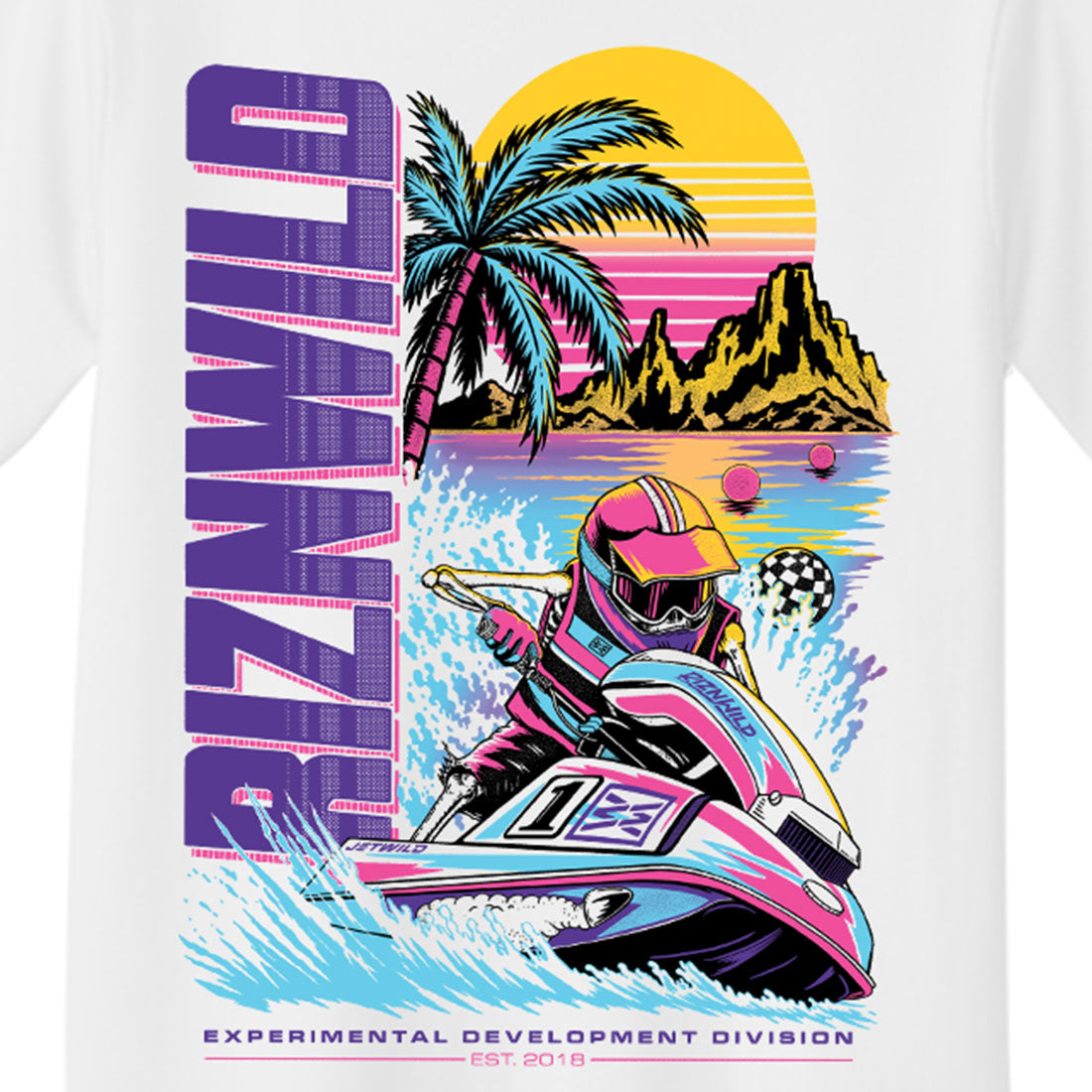 White RIZNWILD youth tee with bright pink, turquoise and orange artwork