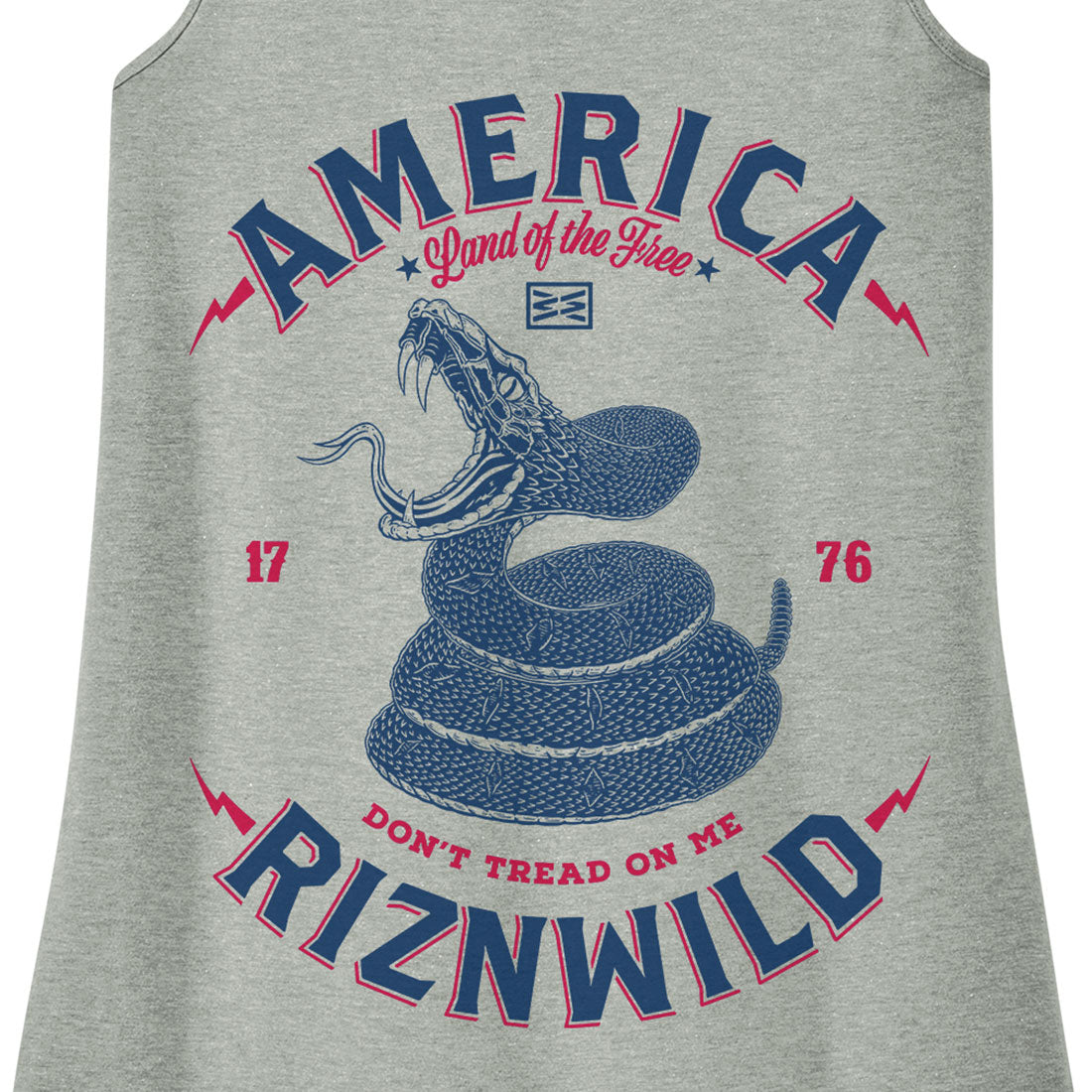 women’s patriotic tank top, snake graphic tank, RIZNWILD USA tank, 1776 women’s shirt, heather grey racerback, relaxed fit tank top, festival tank, edgy summer top, American rattlesnake tank, wild & free tank top