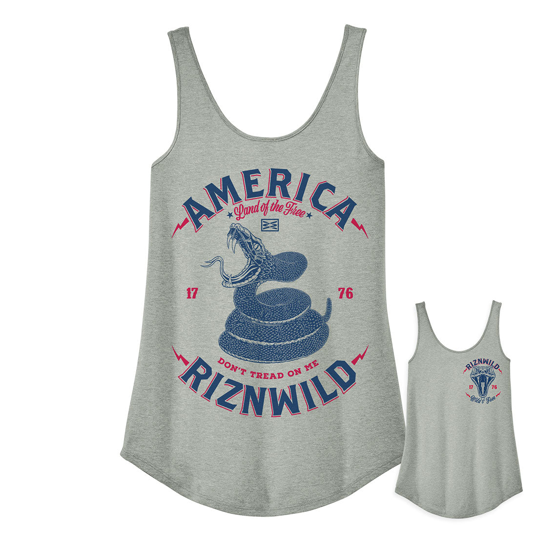 women’s patriotic tank top, snake graphic tank, RIZNWILD USA tank, 1776 women’s shirt, heather grey racerback, relaxed fit tank top, festival tank, edgy summer top, American rattlesnake tank, wild & free tank top