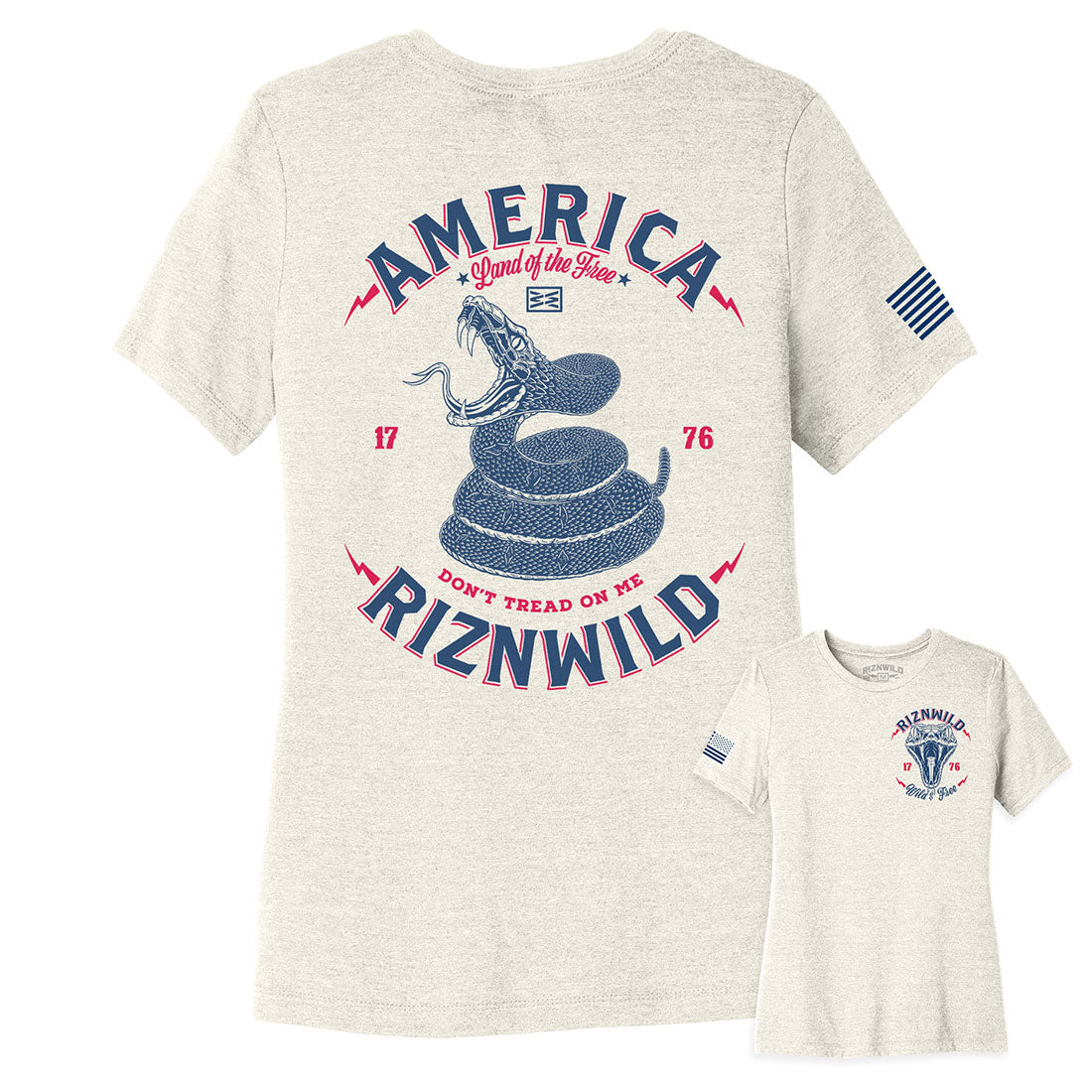 women’s patriotic t-shirt, RIZNWILD graphic tee, heather natural tee, snake design shirt, USA 1776 shirt, American flag sleeve tee, freedom lifestyle shirt, vintage summer tee, red white and blue shirt, country girl graphic tee