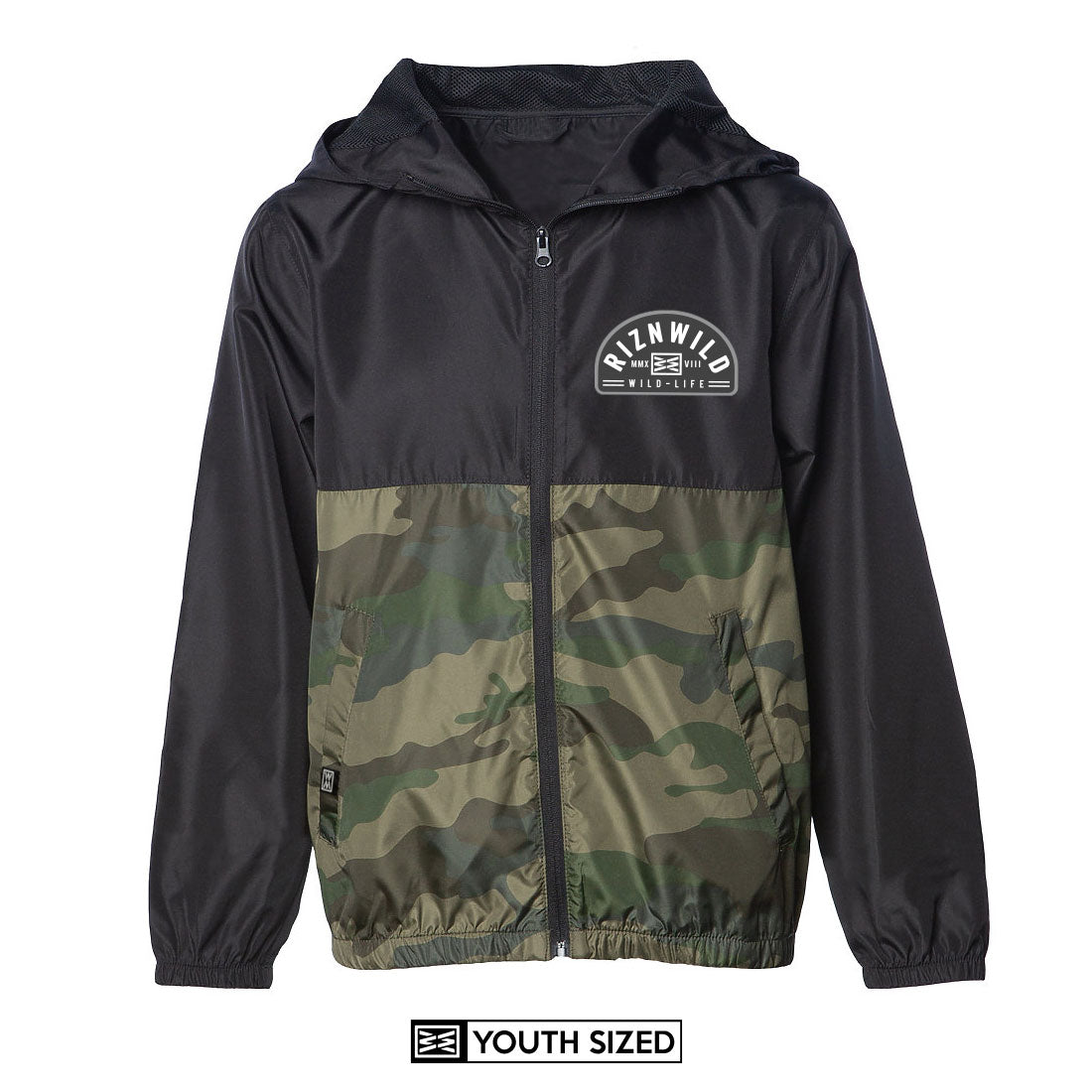 Vault Youth Lightweight Packable Windbreaker Jacket in Black/Forest Camo
