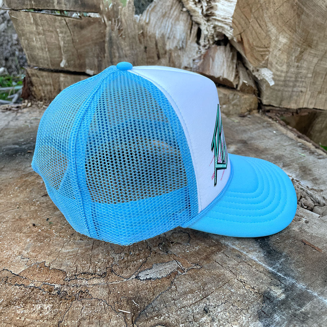 White and baby blue mesh trucker cap with colorful RIZNWILD graphic