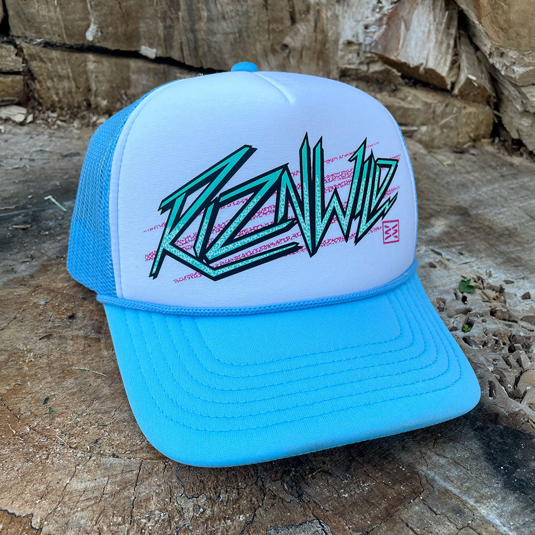 RIZNWILD Electra curved bill trucker hat in white and baby blue