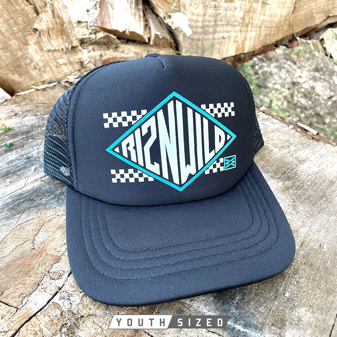 Black youth mesh cap with white RIZNWILD diamond logo
