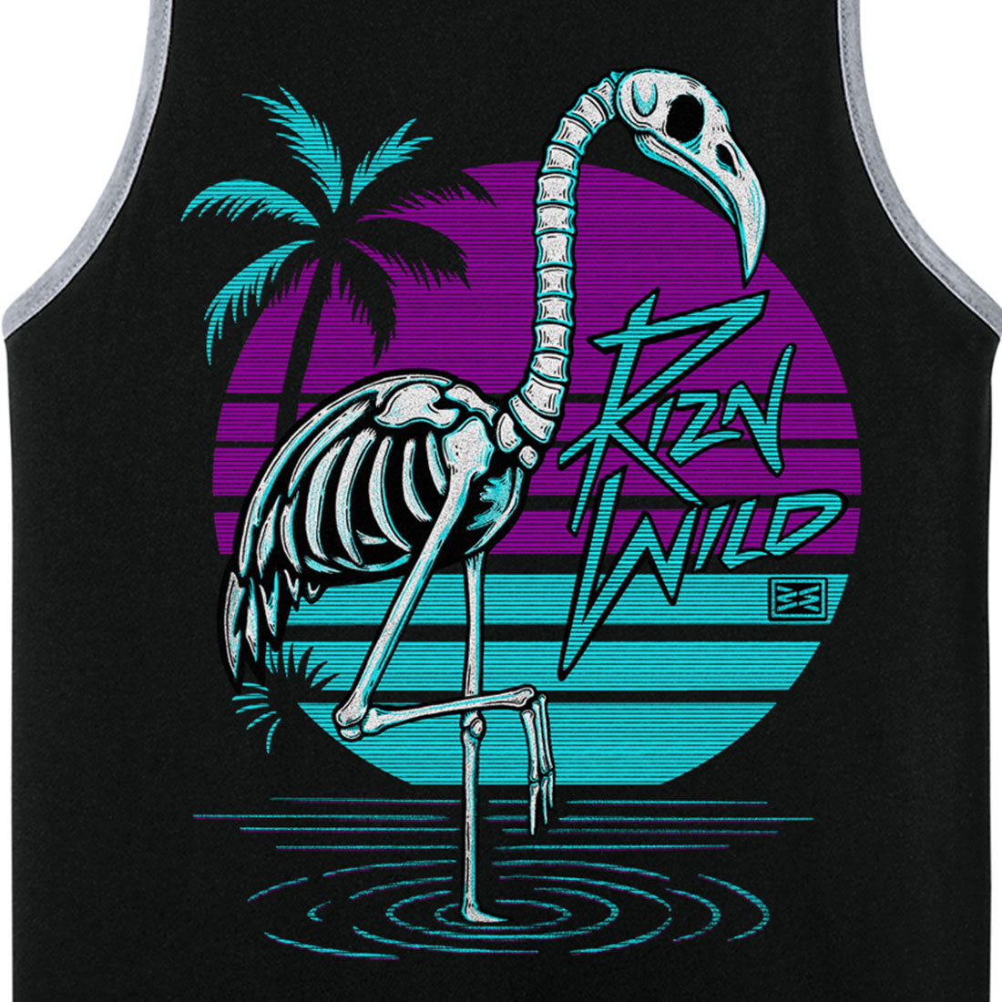 Skelingo Tank—featuring a skeleton flamingo graphic set against a vibrant retro sunset. Lightweight and breathable with contrast trim, it’s perfect for lake days, festivals, and staying cool in killer style.