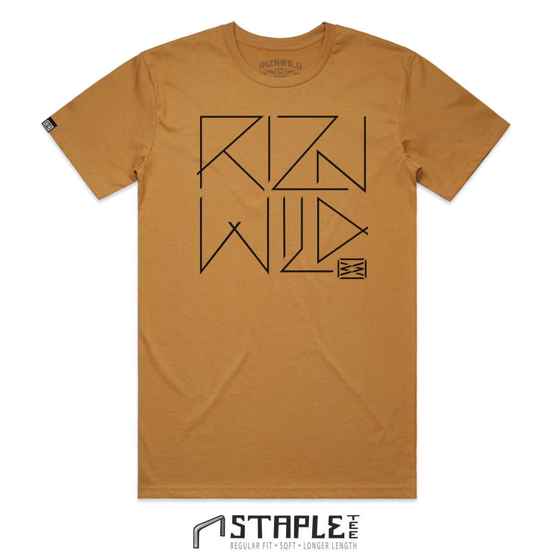 RIZNWILD stringy font printed across the front of this camel color tee