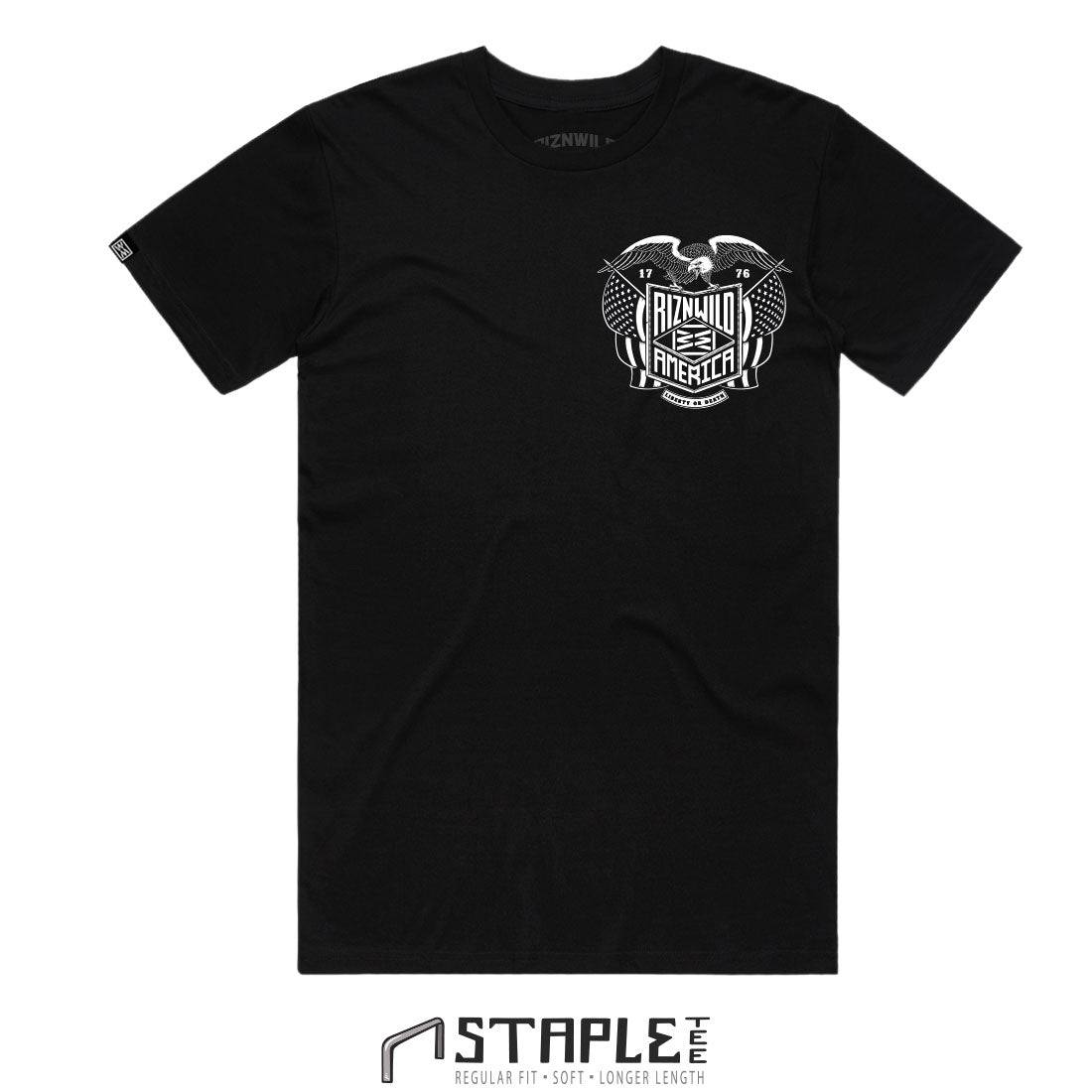 RIZNWILD sick bald eagle and American flags 1776 men's staple tee