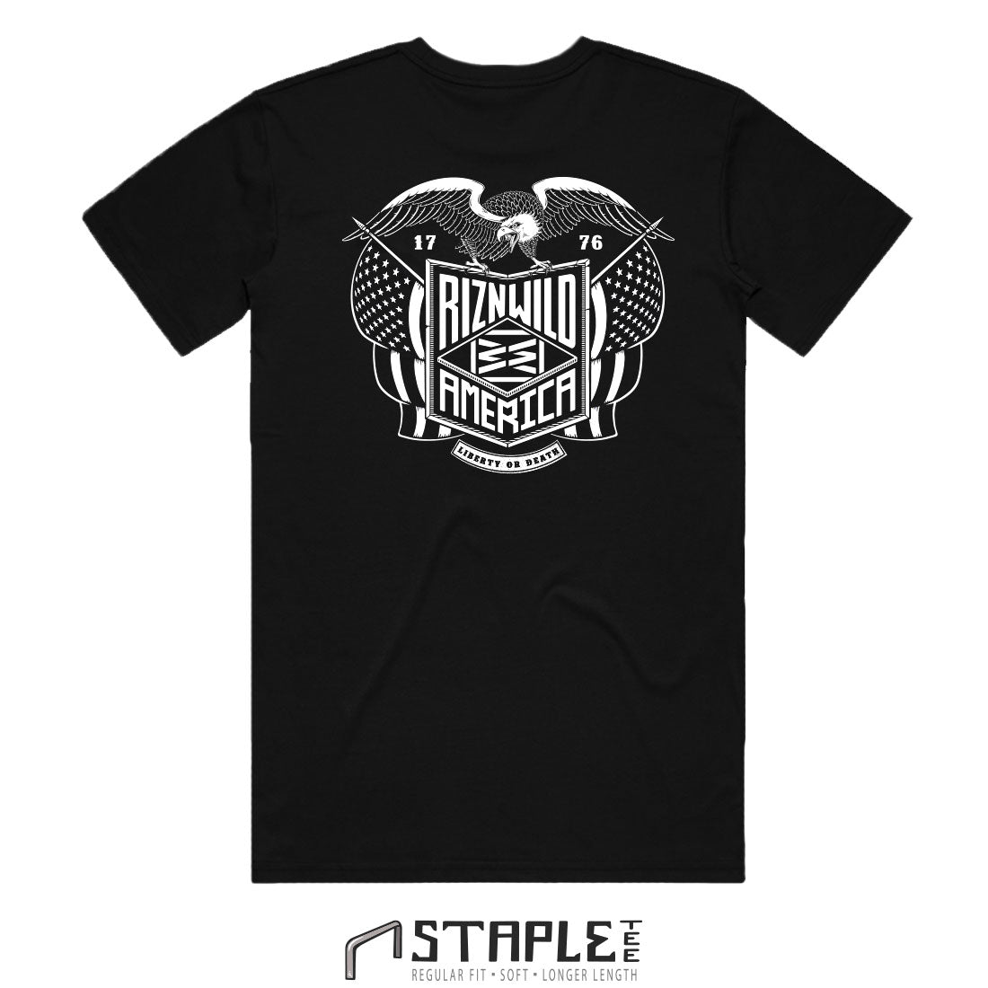 RIZNWILD black and white soft black men's t-shirt of an American flag and bald eagle