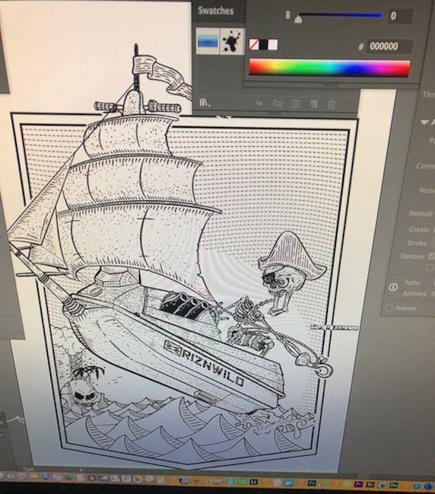 Clean up the design on the computer jet ski pirate ship logo 